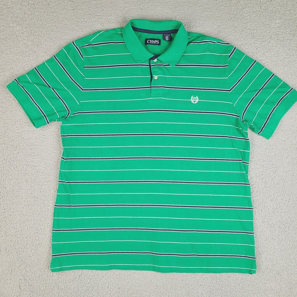 Chaps Polo Shirt Mens XL Green Striped Short Sleeve Cotton